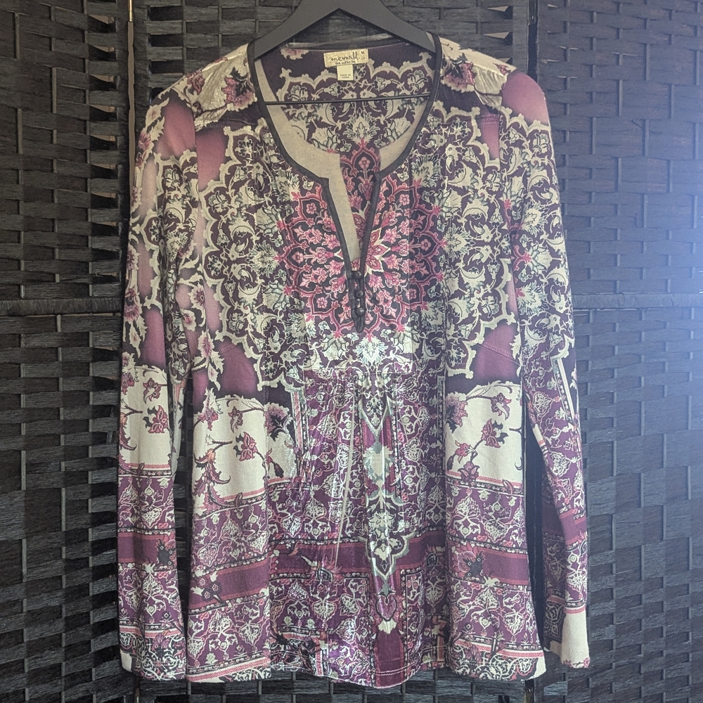 ONE WORLD Graphic Tunic Blouse Boho Bohemian Medium Silky Soft Y2K